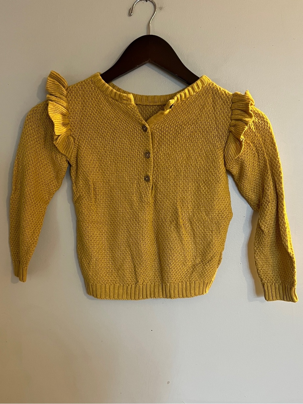 KATE QUINN Organic Cotton Toddler Girls Mustard Yellow Knit Ruffle Sweater